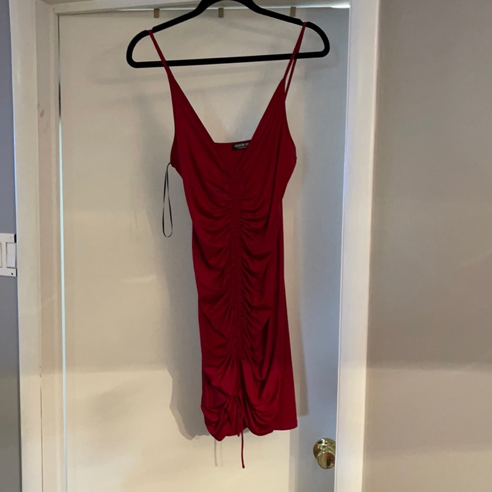 Red fashionnova v neck ruched mini dress